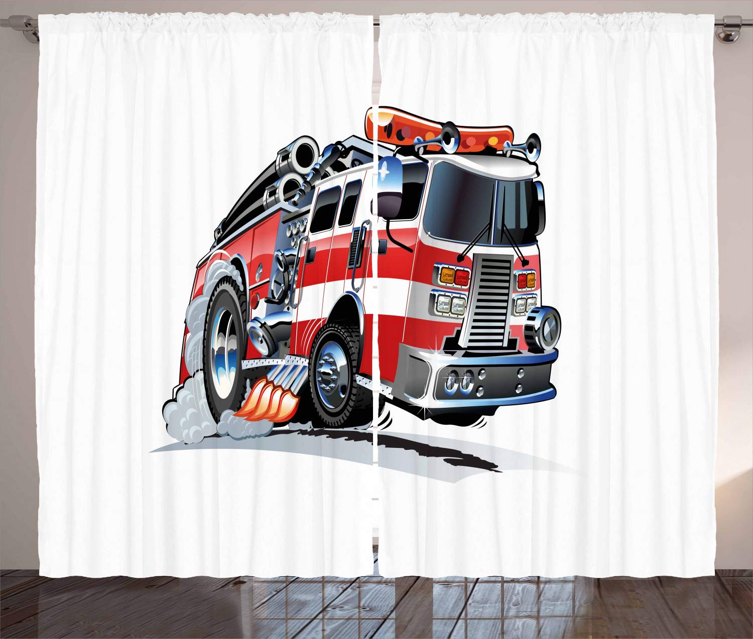 ABAKUHAUS Truck Curtains, Security of the Public Themed Speeding Vehicle Fire Department Dangerous Job, Living Room Bedroom Window Drapes 2 Panel Set, 280 x 175 cm, Baby Blue Scarlet Red