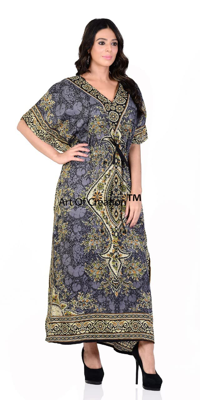 Photo 1 of Art Of Creation Women Kaftan Dress Tunic Long Maxi Plus Size Night Gown Printed Caftan Beach Cover Up Kimono Tunic Nightdress Kaftans (Grey)