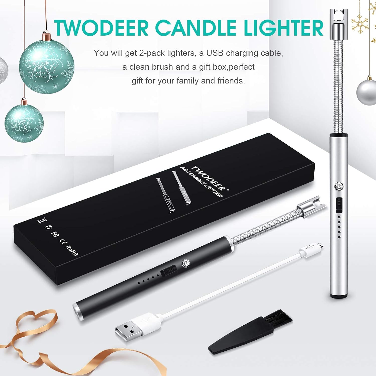 TWODEER Candle Lighter, 2 Pack USB Rechargeable Electric Lighter with LED Battery Display & Safety Switch, Flameless Long Flexible Neck Arc Lighter for Candle Camping Grill Stoves (Black & Silver): Kitchen & Dining