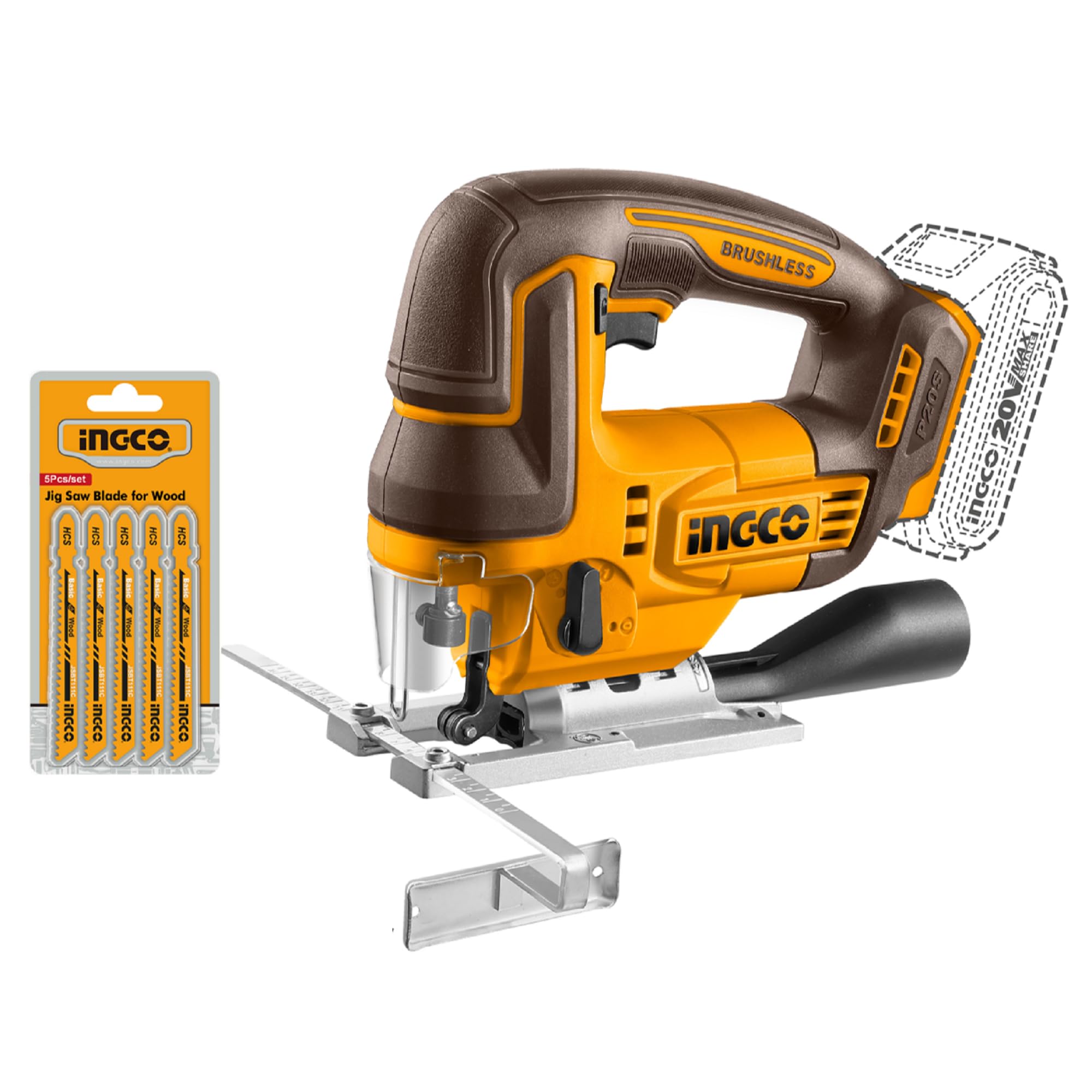 INGCO 20V Cordless Jig Saw (Body Only), Brushless Motor, 3000RPM with 5Pcs Saw Blades CJSLI1008