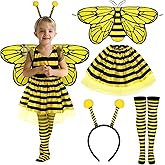 Newcotte 4 Pcs Halloween Girls Costume Includes Wings Tutu Headband Striped Tights for Kids Toddler Halloween
