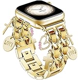 Gold Bracelet Band with Cute Charm Compatible for Apple Watch 38mm 40mm 41mm 42mm (S10) Women, Cuban Chain Strap for iWatch Series 10 9 8 7 6 5 4 3 2 SE