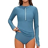 ADIFUN Girls Rash Guard Swimsuit Half-Zip Long Sleeve Modest Bathing Suit with Chest Padding 2Pcs Teen Girl Swimwear UPF 50+
