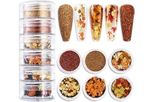 TYUIMHX 6-Grids Fall Maple Leaf Nail Art Glitter Sequins 3D Holographic Gold Orange Leaf Flakes Thanksgiving Supplies for Acrylic Nails Autumn DIY Decorations