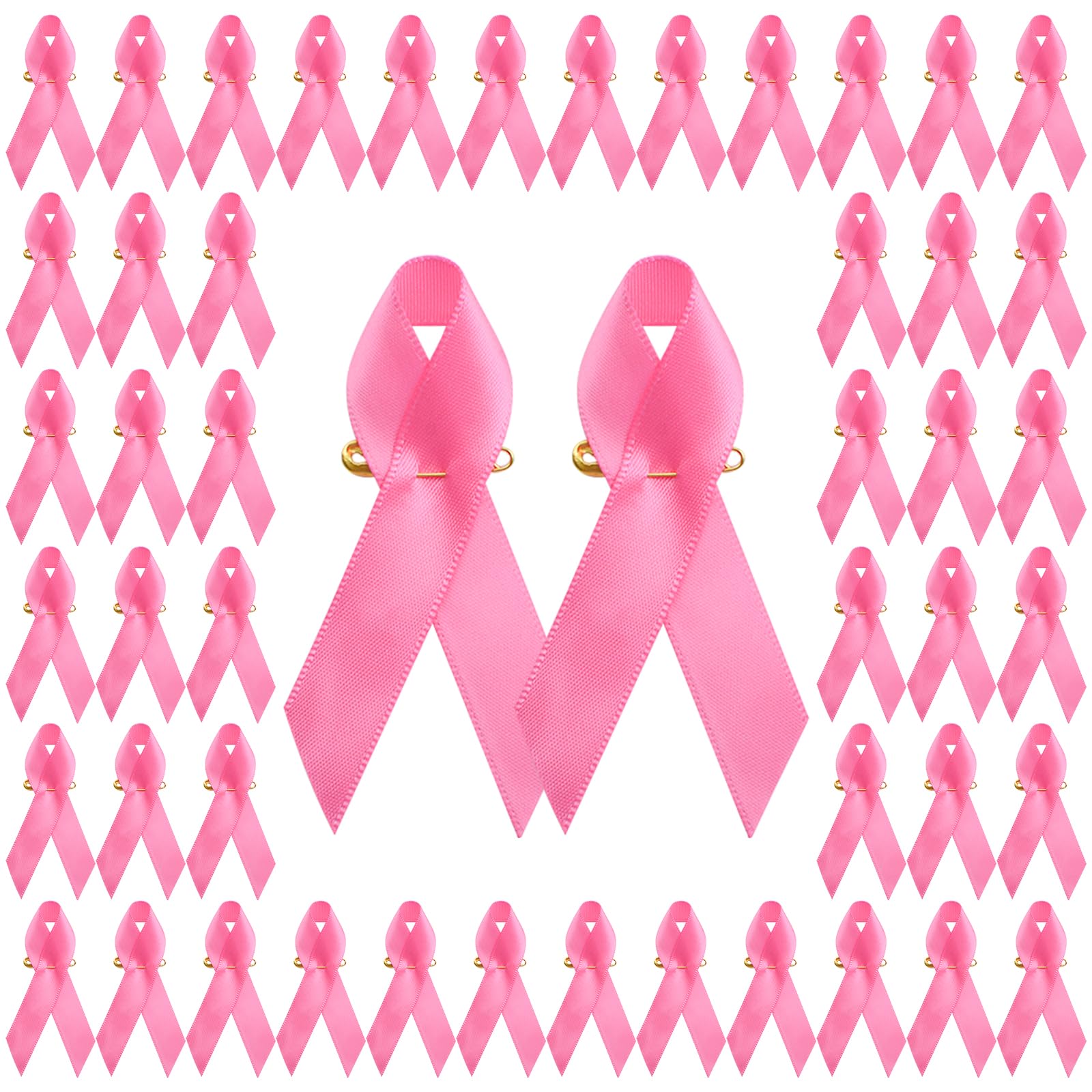 WANDIC 100Pcs Octobre Rose Pink Ribbon Breast Cancer Pins Polyester Breast Cancer Awareness Brooches Pink Ribbon Badges Souvenir Pin Badges for Charity Event — image 1