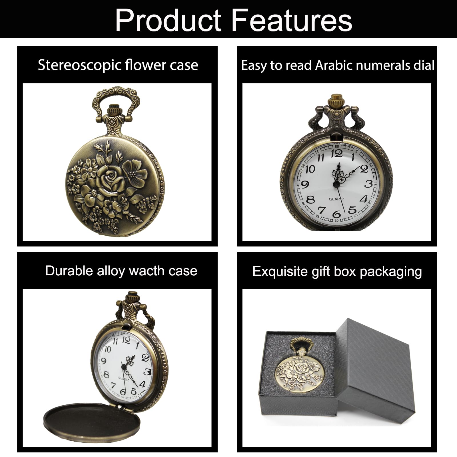 SIMAOTE Vintage Quartz Pocket Watch with Flower Pattern Cover and Chain for Women