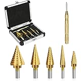 welltop 5 Pcs Titanium Step Drill Bit Set with Automatic Spring Loaded Center Punch, 50 Sizes High Speed Steel Step Drill Kit