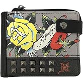ED HARDY Love & Roses Print with Pyramid Studs and Snap Closure Bifold Wallet