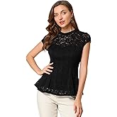 Allegra K Women's Crochet Peplum Floral Crochet Mock Neck Tops Cap Sleeve Lace Blouse