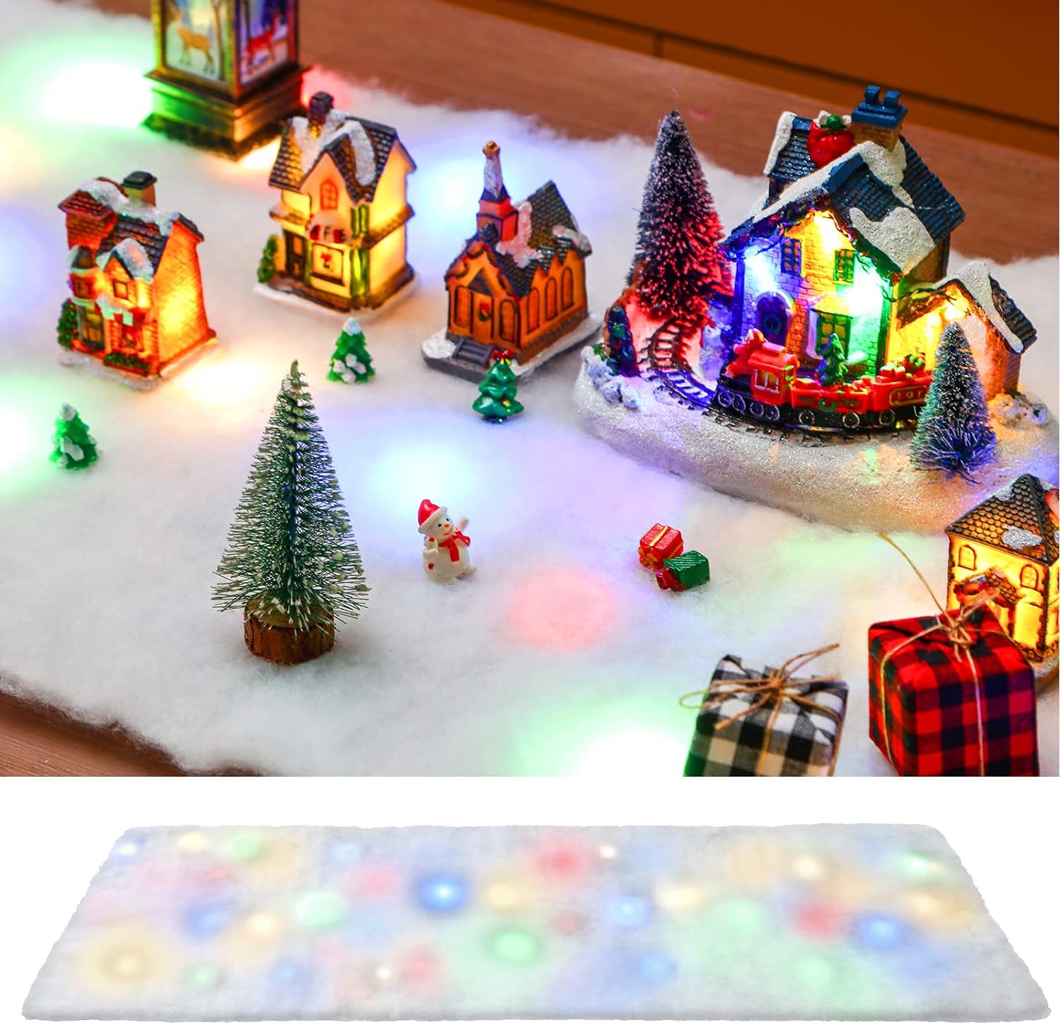 Artificial Snow - Christmas Snow Table Runner Fake Snow Blanket Roll Fake Snow Decoration with 2 Pieces LED Lights Fake Snow for Crafts Artificial Snow Table Blanket for Snowy Winter Party Decoration (1.3 x 4.9 Ft)