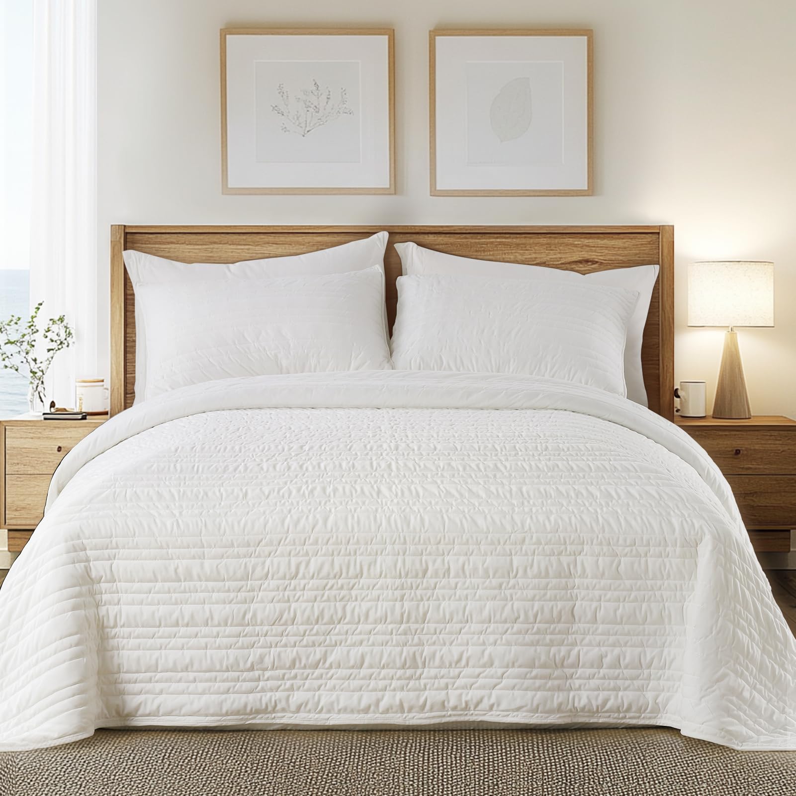 Photo 1 of KASENTEX Luxury Velvet Quilt Set,King Quilt 104" x 90",Ultra-Soft Bedspread Coverlet with 2 Pillow Shams, Lightweight Velvet Comforter, Line Stitch Geometric, Summer Bedding Set,White
