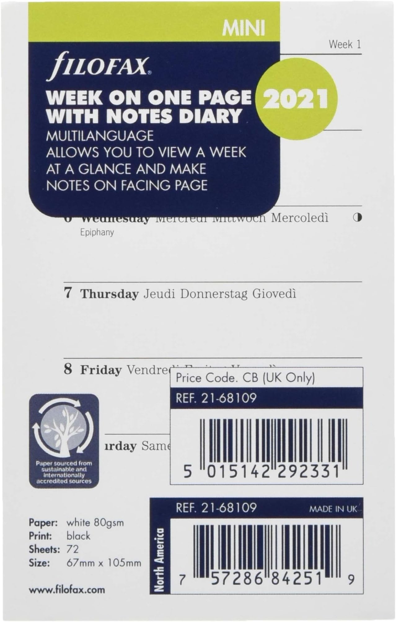 Filofax Mini Week on one Page with Notes 2021 Diary Refill
