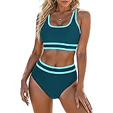 Blooming Jelly Womens High Waist Bikini Sets Sporty Color Block Two Piece Swimsuits Scoop Neck Cheeky Bathing Suits