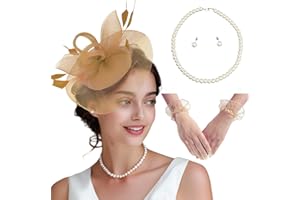 MS.ING Fascinator Hats for Women Tea Party Hats and Gloves Pearl Jewelry Set Derby Hat for Cocktail Wedding