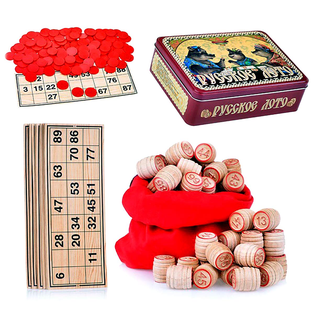 Russian Lotto Board Game Set Three Bears - Tambola Bingo Game Set in Tin Box Metal Case - Rysskoe Lo
