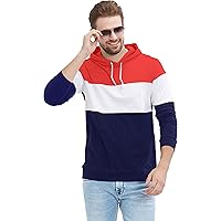 LEWEL Men's Full Sleeve Hooded T-Shirt (Red, White, Navy)