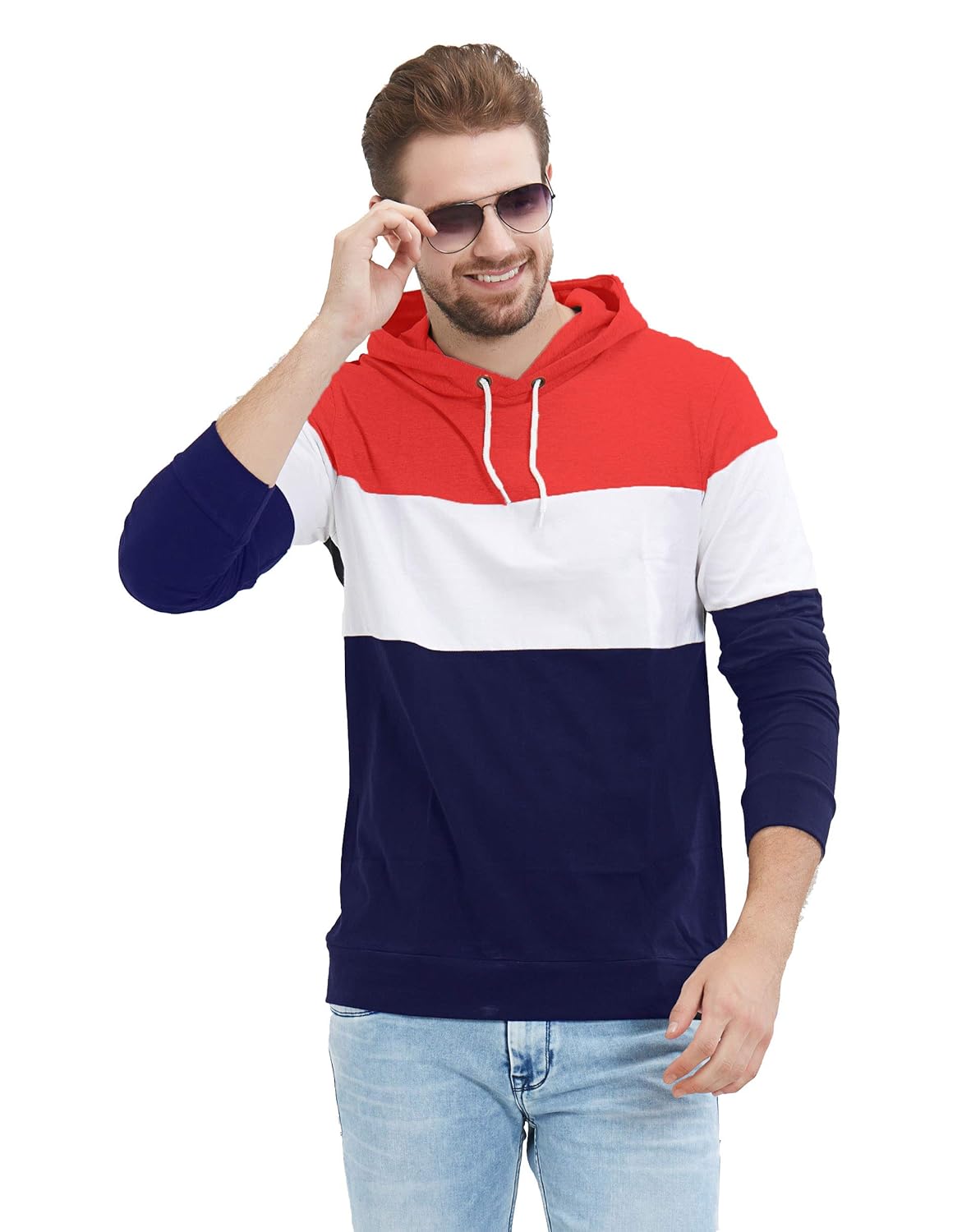 LEWEL Mens Stylish Full Sleeve Red, White, Navy Hooded T-Shirt (100% Cotton, Bio-Washed)