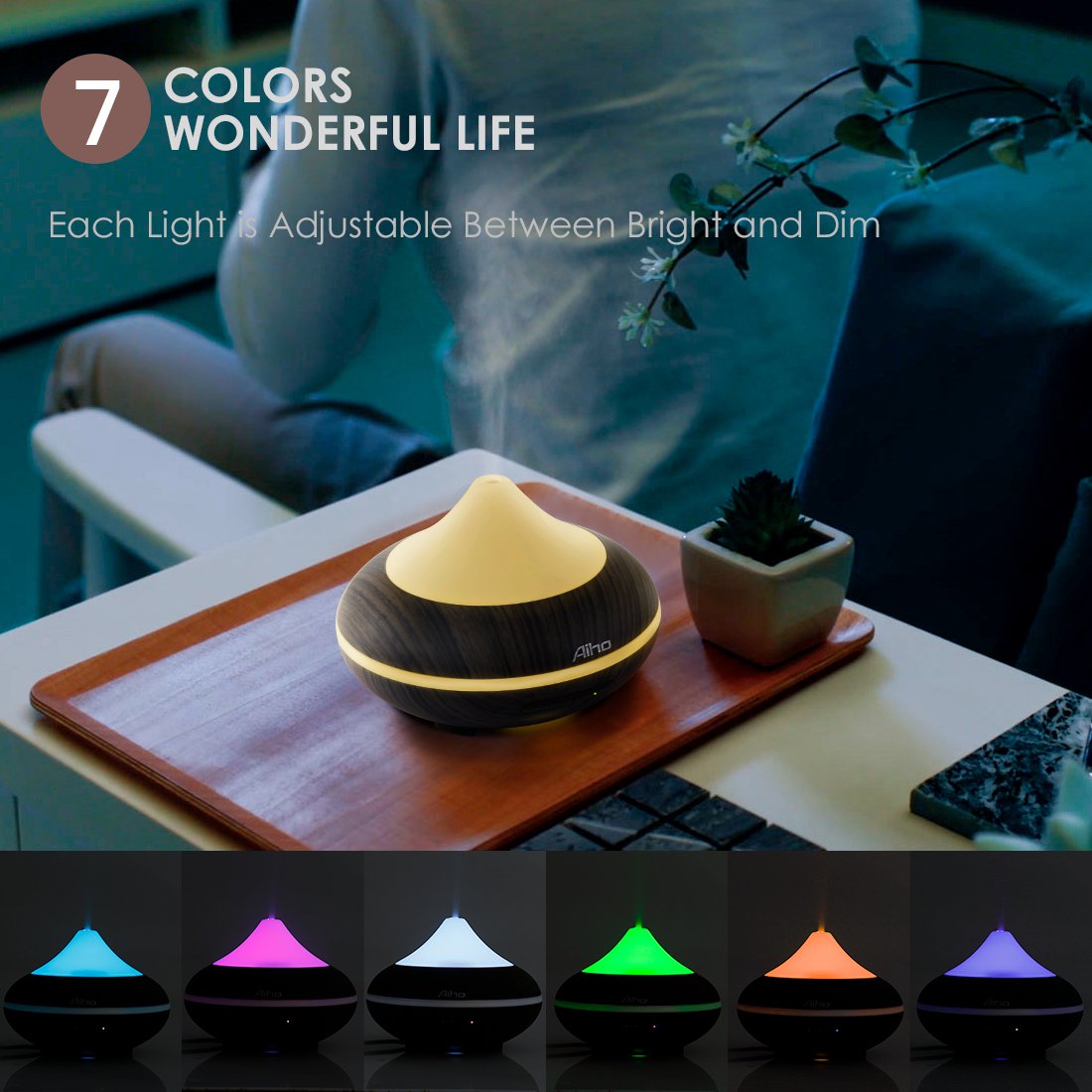 Aiho Aromatherapy Essential Oil Diffuser 200ML 5-IN-1 Cool Mist Mini Ultrasonic Humidifier With 7 Color Changing Lamps 4 Timer Settings and Waterless Auto Shut-Off