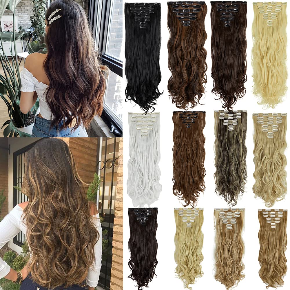 DODOING 24 Inch Clip in Hair Extension 7Pcs 16 Clips Curly Thick Full Head Clip on Synthetic Hair Extension Double Weft Hair Extensions Wavy Hairpieces for Women (Rose Red)