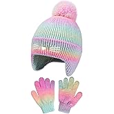 Girls Winter Hat and Gloves Set, Kids Cat Embroidered Knit Beanie with Earflaps Fleece Lined Pom Pom Ski Cap for 2-10Y