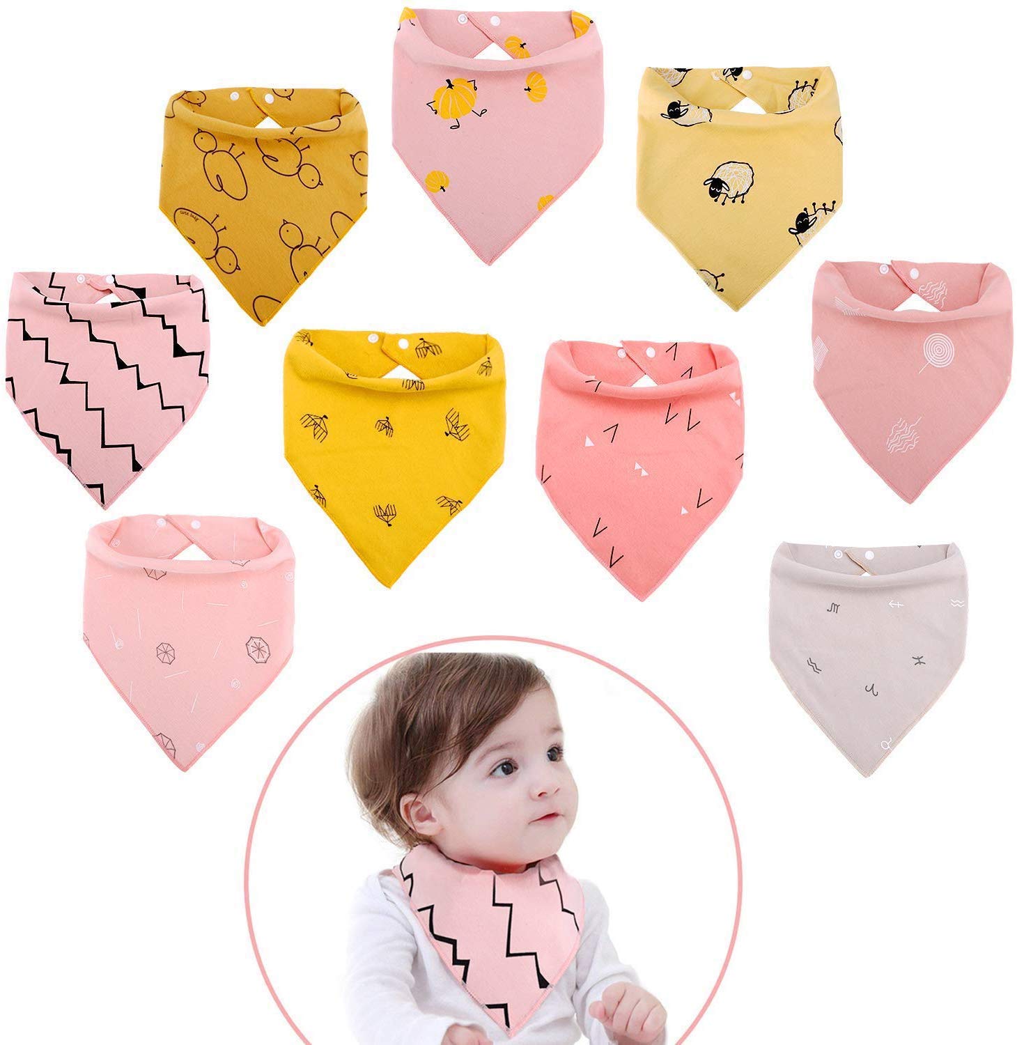 Viedouce Baby Bibs 9 packs,Dribble for Boys Girls, Drooling Teething,Cotton Bandana with Adjustable Snaps,Super Soft and Absorbent