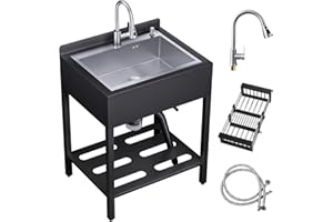 JINRRENYI 25.6inch Stainless Steel Freestanding Utility Sink with Cold and Hot Water Faucet, Commercial Kitchen Outdoor Sink with Hoses and Drain Kit, Laundry Sink for Bathrooms, Backyard, Bar