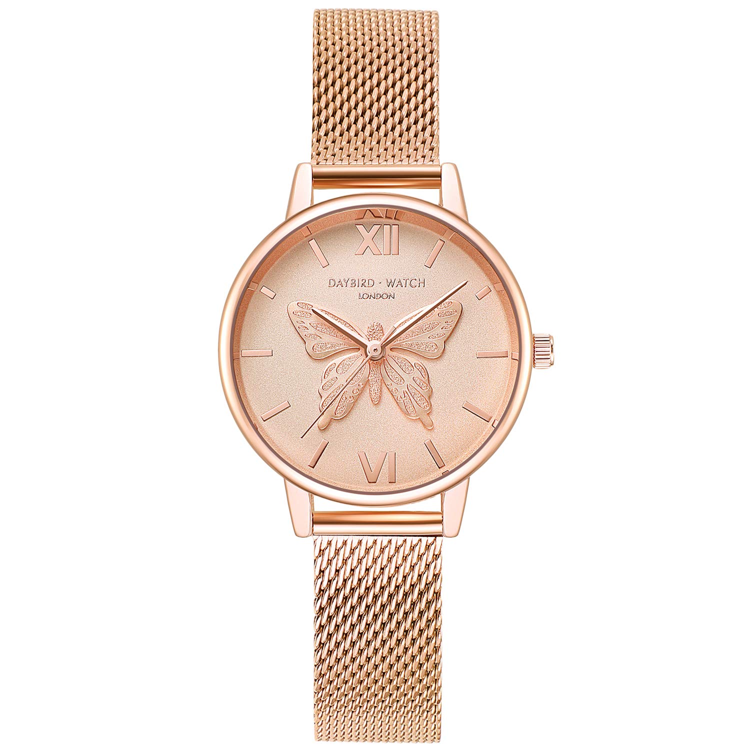 RORIOS Fashion Women Watch Butterfly Dial Stainless Steel Mesh Strap Analogue Quartz Wristwatch Ladies Watch