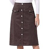 Allegra K Faux Suede Skirt for Women's Button Front High Waist 2025 Fall Knee Length A-Line Skirts