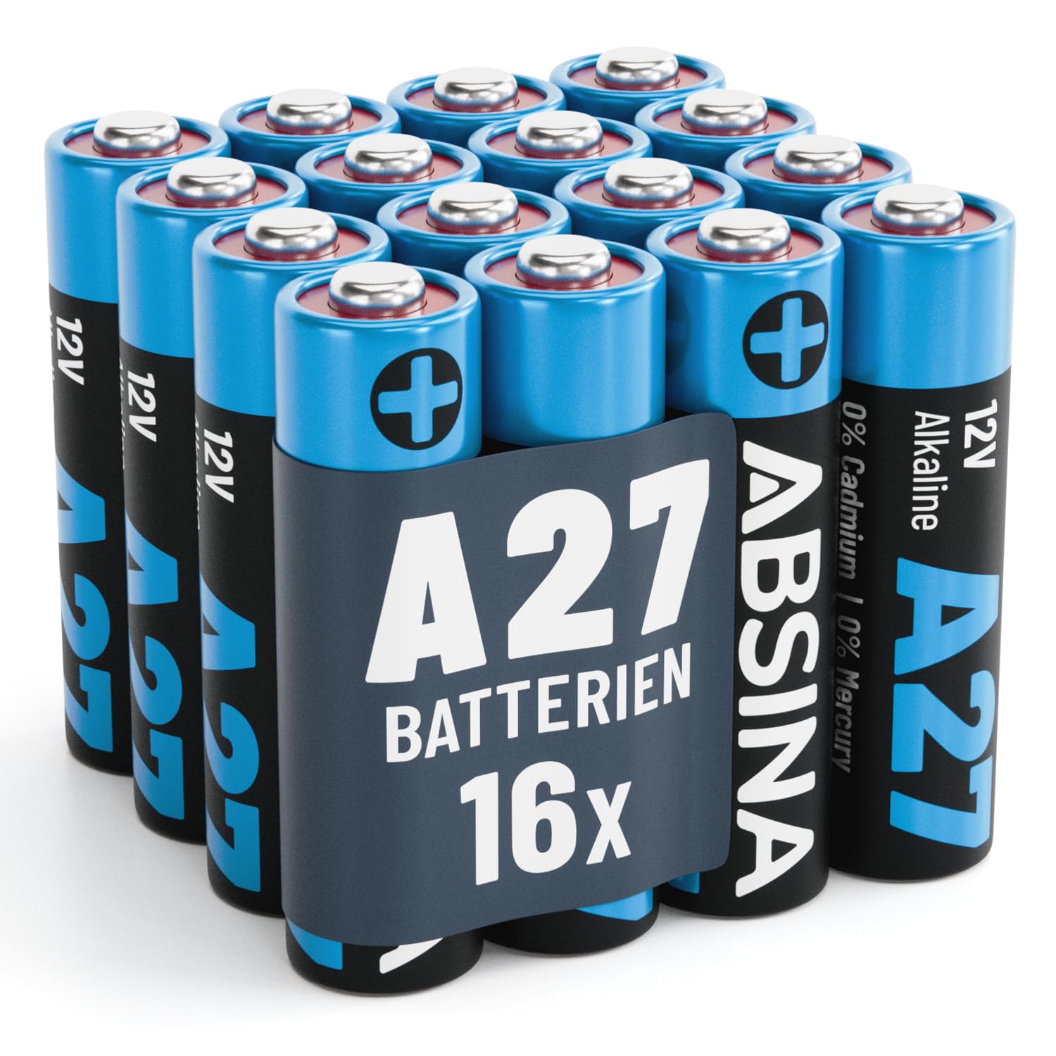 ABSINA 16x 27A 12V Batterie für Garagentoröffner und vieles mehr - Batterien A27 12 Volt Alkaline mini auslaufsicher & mit Langer Haltbarkeit