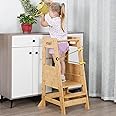 Kids Kitchen Step Stool, XiaZ Natural Bamboo Toddler Tower Adjustable Kitchen Standing Tower with Safety Belt Learning Cooking Washing Standing Counter for Kids 1-3
