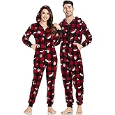 COLORFULLEAF Couples Matching Christmas Pajamas for Family Hoodie Fleece Onesie Plaid Union Suit Full Zipper Jumpsuits