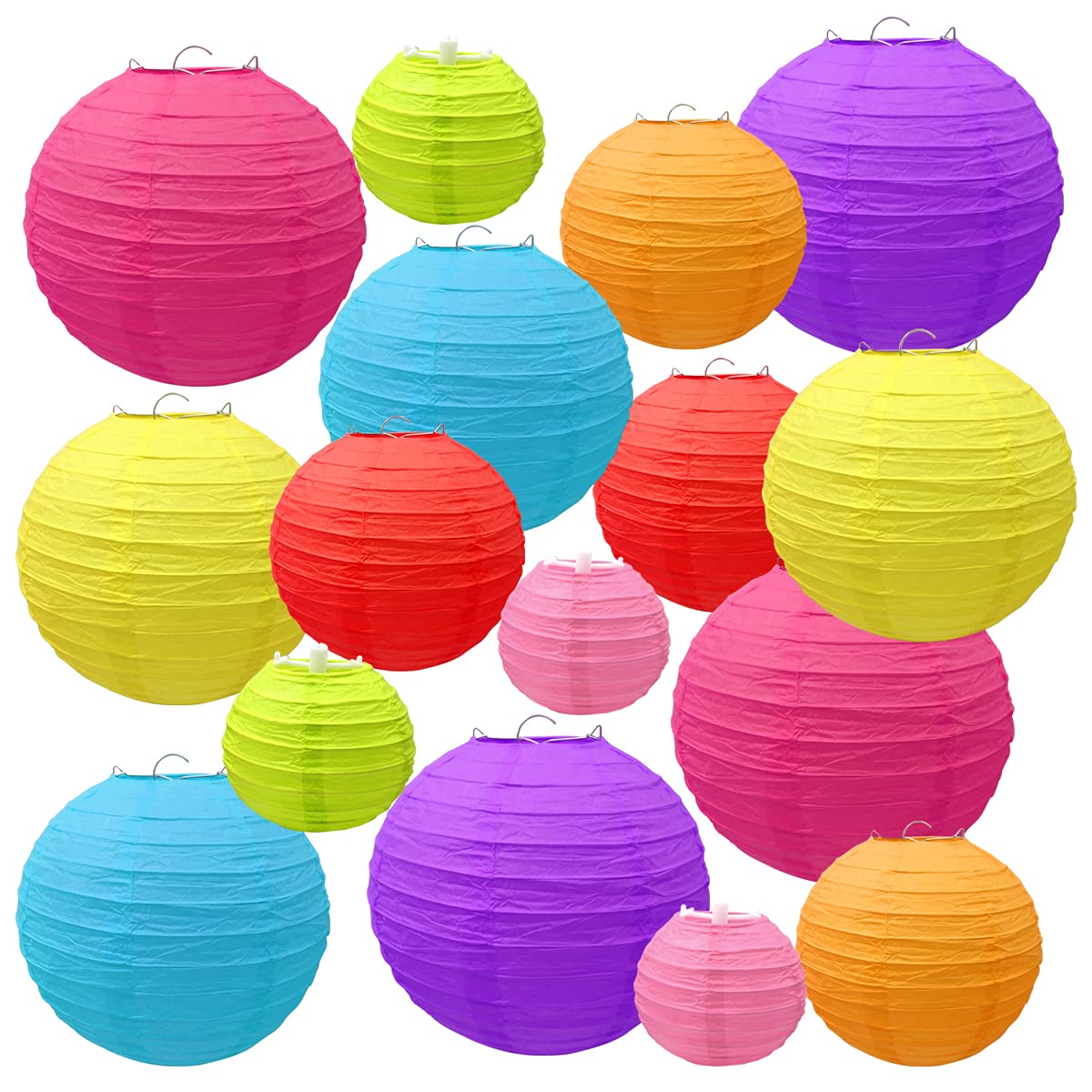 16 PCS Paper Lanterns, Colorful Paper Lantern (Multicolor, Size of 4”, 6”, 8”, 10”), Colorful Chinese Round Lantern for Weddings, Baby Shower, Parties, Celebrations, Patios Decor