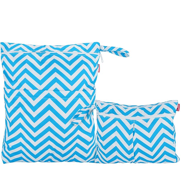 Image 1 - Damero 2pcs Travel Wet and Dry Bag, Reusable Wet Bags Organizer with Two Zippered Pocket for Cloth Diaper, Pumping Parts, Swimsuit and Gym, Blue Chevron