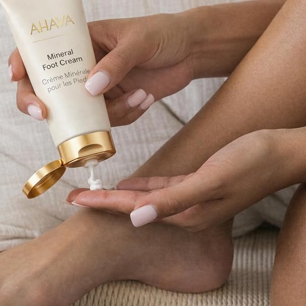 AHAVA DEAD SEA WATER MINERAL FOOT CREAM – NOURISHES & HYDRATES DRY SOLES, PREVENTS CRACKS & IRRITATIONS, WITH WITCH HAZEL LEAF, OSMOTER BLEND, JOJOBA, AVOCADO, SWEET ALMOND & WHEAT GERM OIL, 3.4 FL.OZ