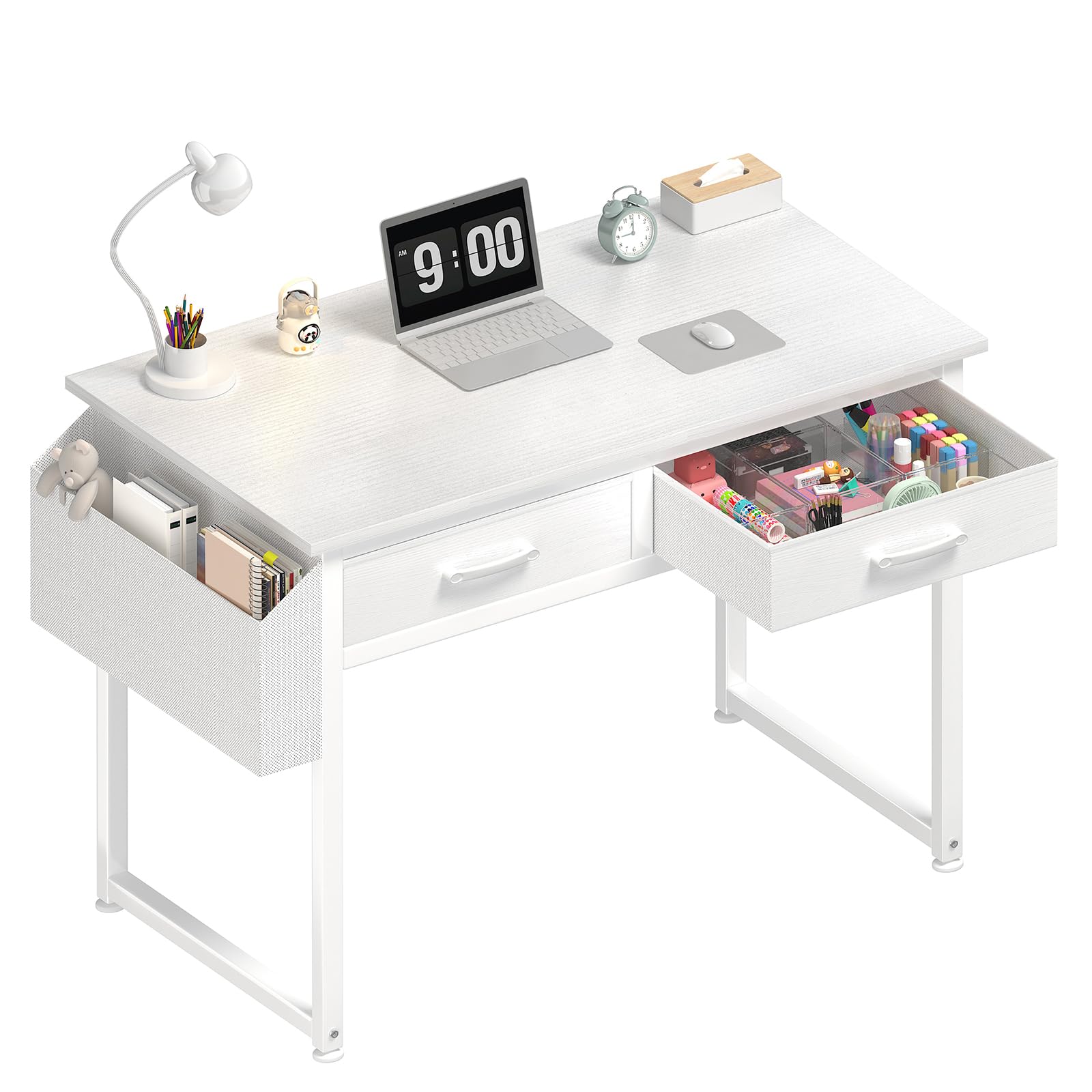 Photo 1 of DLisiting White Small Desk with Fabric Drawers - 32 Inch Vanity Desk with Storage Drawer and Bag for Bedroom, Study Writing Table for Small Spaces, White