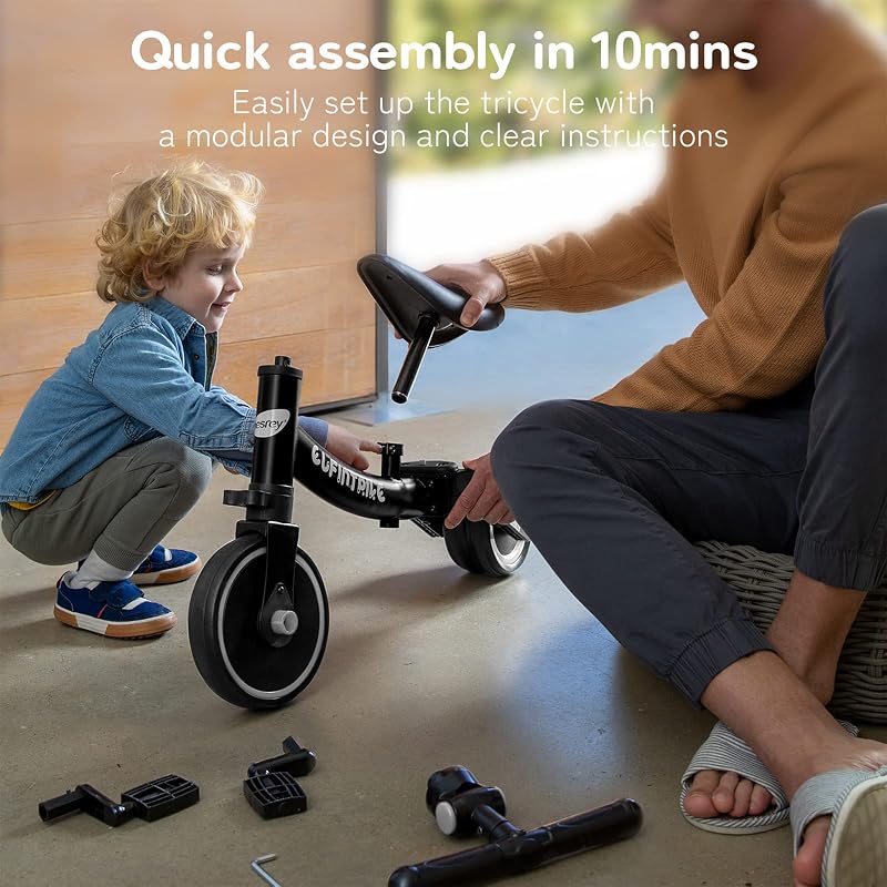 Besrey triciclos infantis, bicicleta multifuncional 5 em 1, adequado para crianças de 1 a 4 anos, triciclo, bicicleta, carro de equilíbrio, andador, altura do assento ajustável, preto