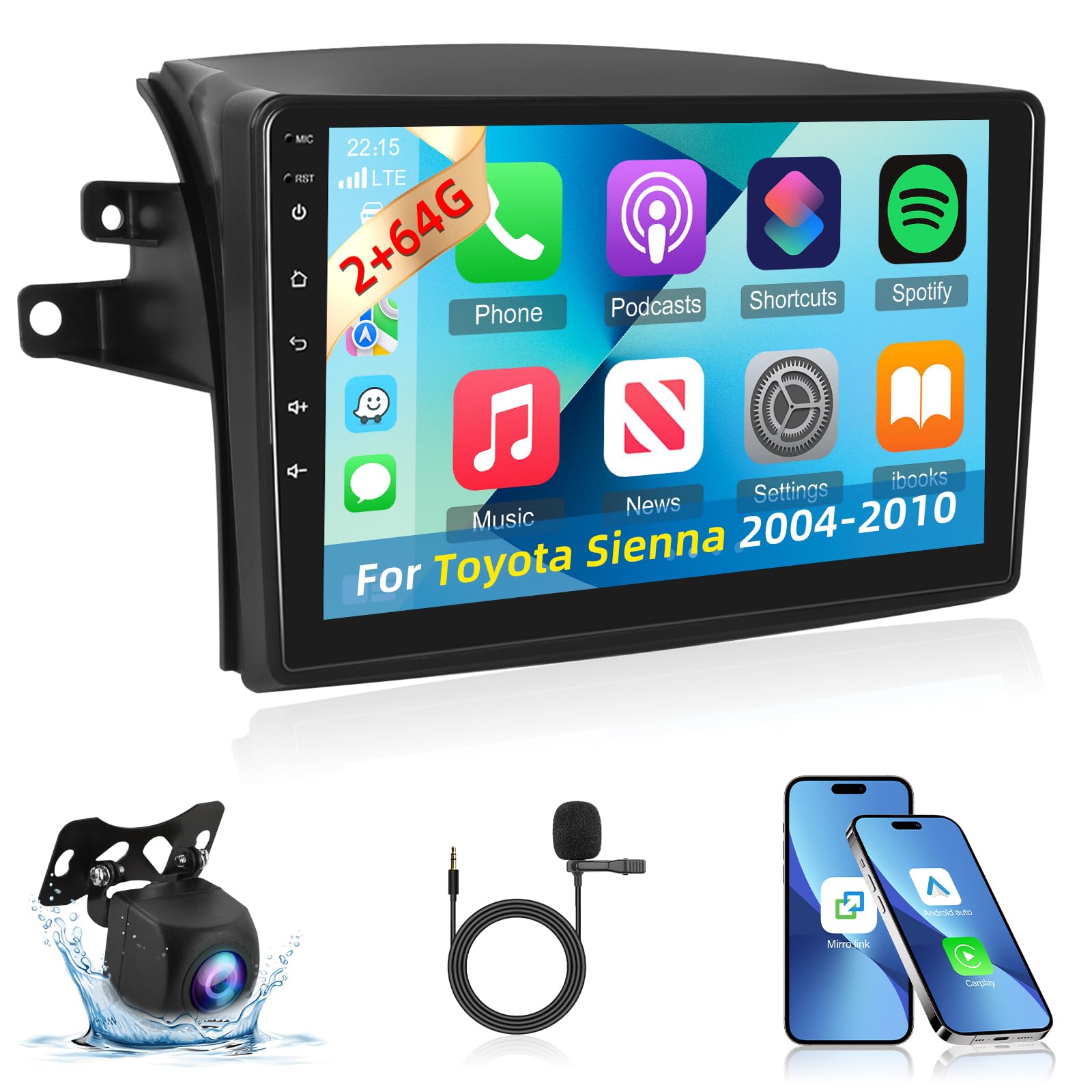 Photo 1 of Android 2+64G Car Stereo for Toyota Sienna 2004-2010 - 9 Inch HD IPS Touch Screen Radio - Wireless Carplay & Android Auto/DSP/WiFi/GPS/Split Screen + AHD Rear View Camera & Micron