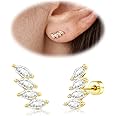 Cartilage Screw Back Earrings for Women, Flat Back Earrings Sterling Silver Hypoallergenic Earrings for Girls Conch Helix Piercing Jewelry Crawler Butterfly Flower Stud Earrings (Leaf, Gold)