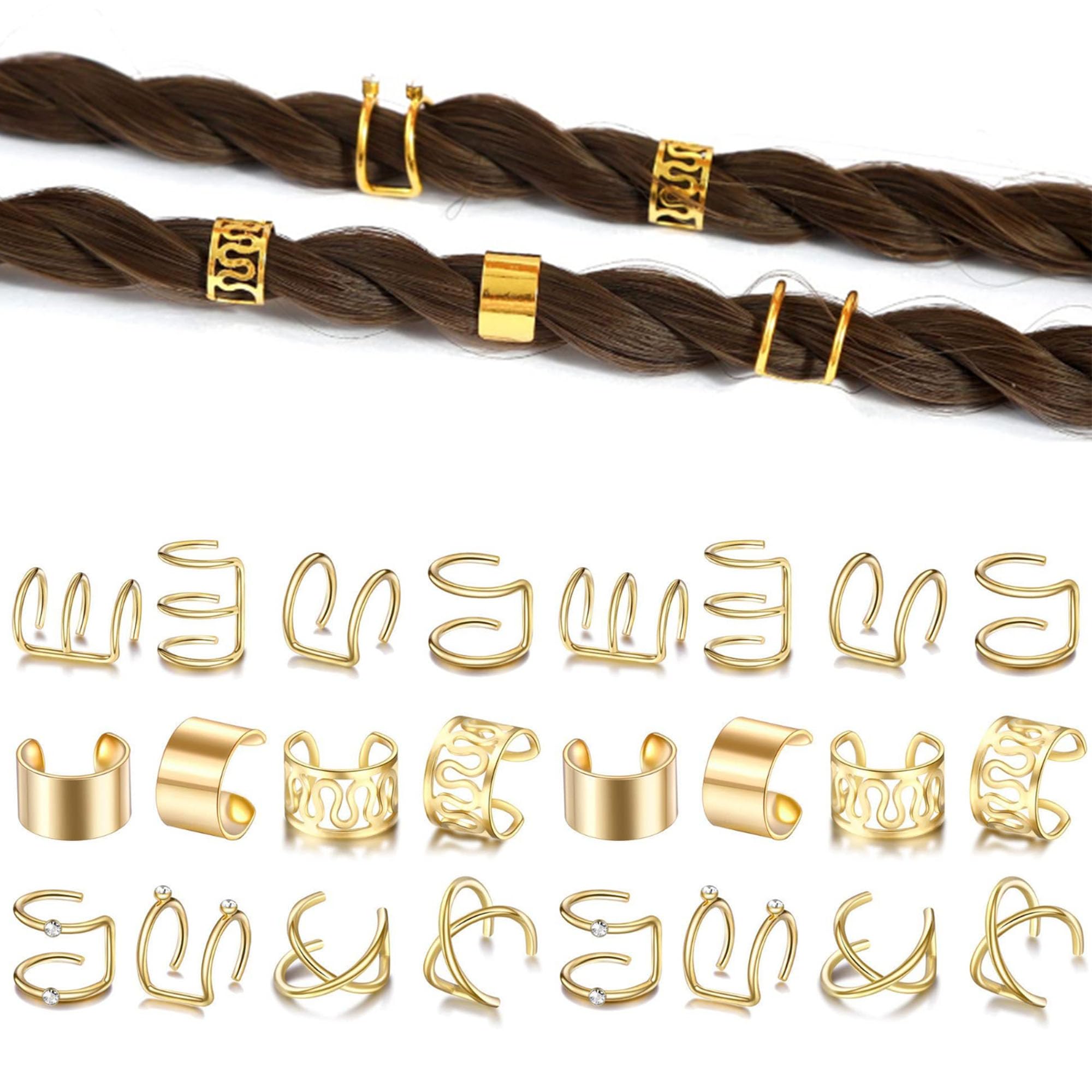 Niuhong 24 Pieces Dreadlocks Jewellery Braids Hair Clips Braiding Hair Cuffs Hair Rings Braids Viking Braids Loc Hair Accessories Hair Clip Braids Accessories Women and Girls (Golden)