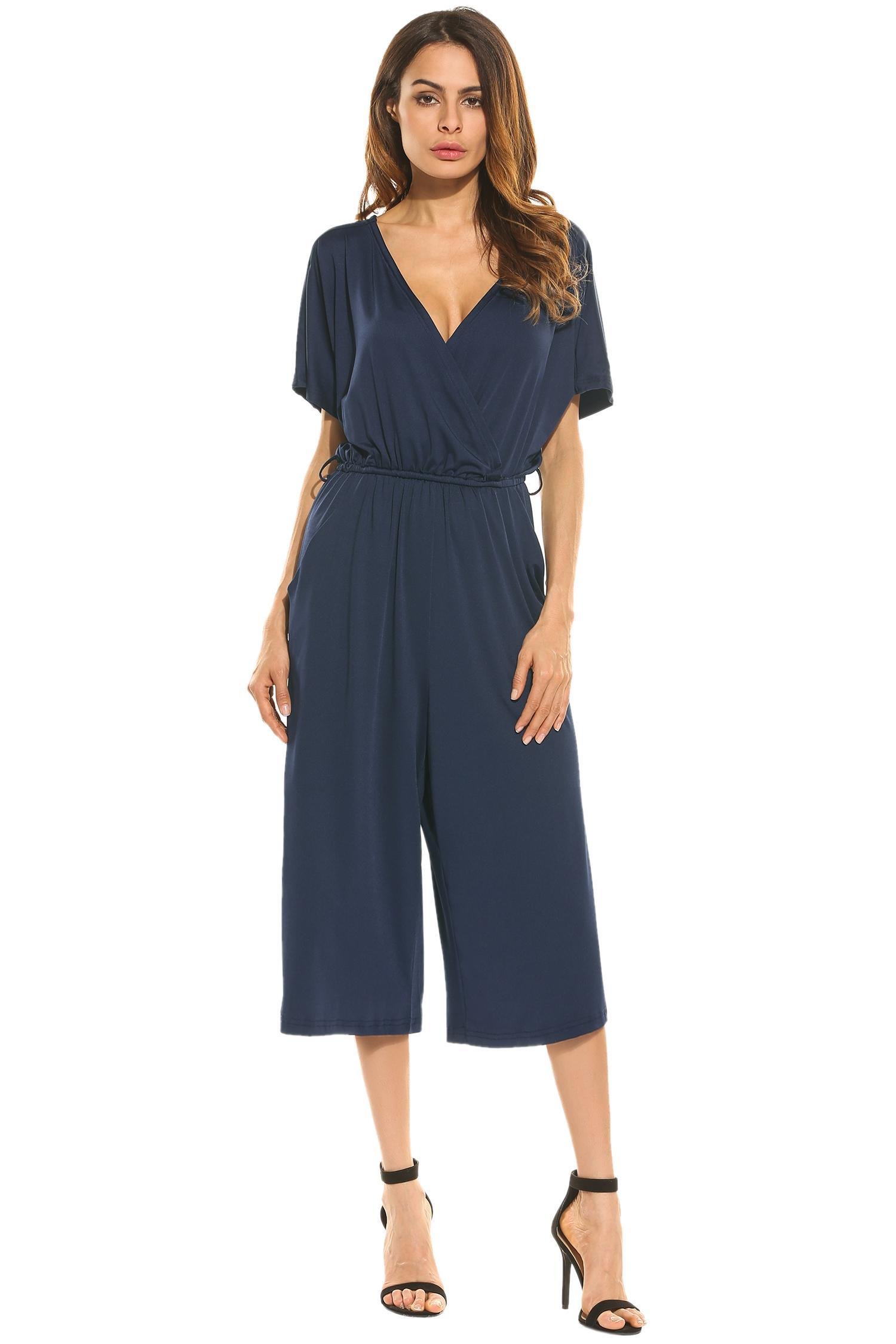 ELESOL Women\'s Cotton Sexy Wrap Deep V-Neck Loose Jumpsuit Romper With Pockets Navy Blue M
