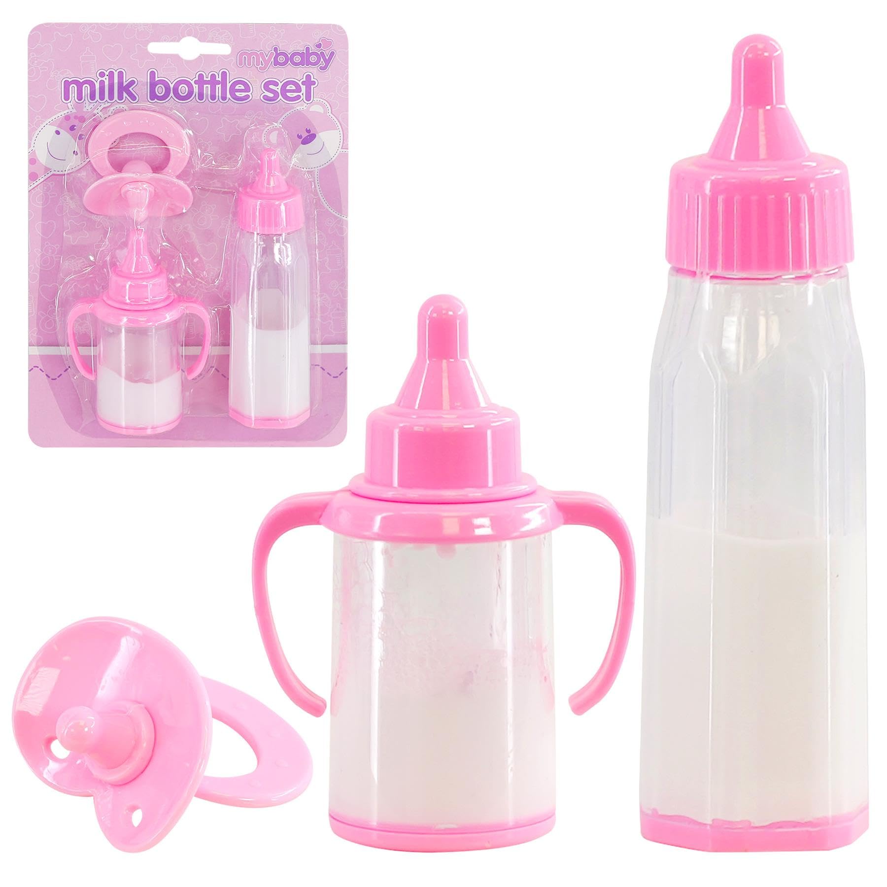 BiBi Doll Magic Milk Bottle, Cup and Pacifier Dummy, 3 Piece Doll Feeding Set for Reborn Babies and Dolls, Pretend Role Play Toy for Children 3 Years+