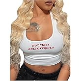 WDIRARA Women's Sexy Letter Print Tank Tops Scoop Neck Ribbed Knit Crop Top