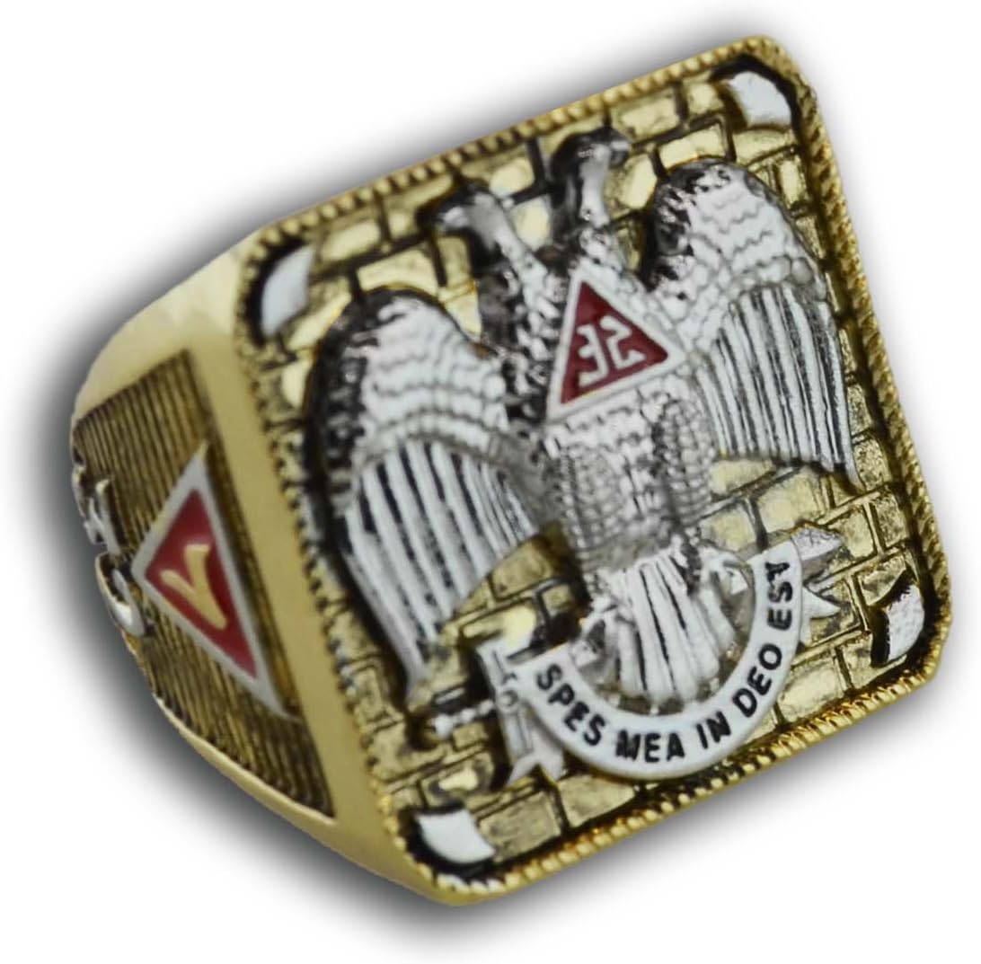 Masonic Rings for Men - (Bold Thick Ring) Scottish Rite Freemason Ring/Masonic Ring- 32nd Degree Scottish Rite Mason Symbol Logo with Gold Tone Band