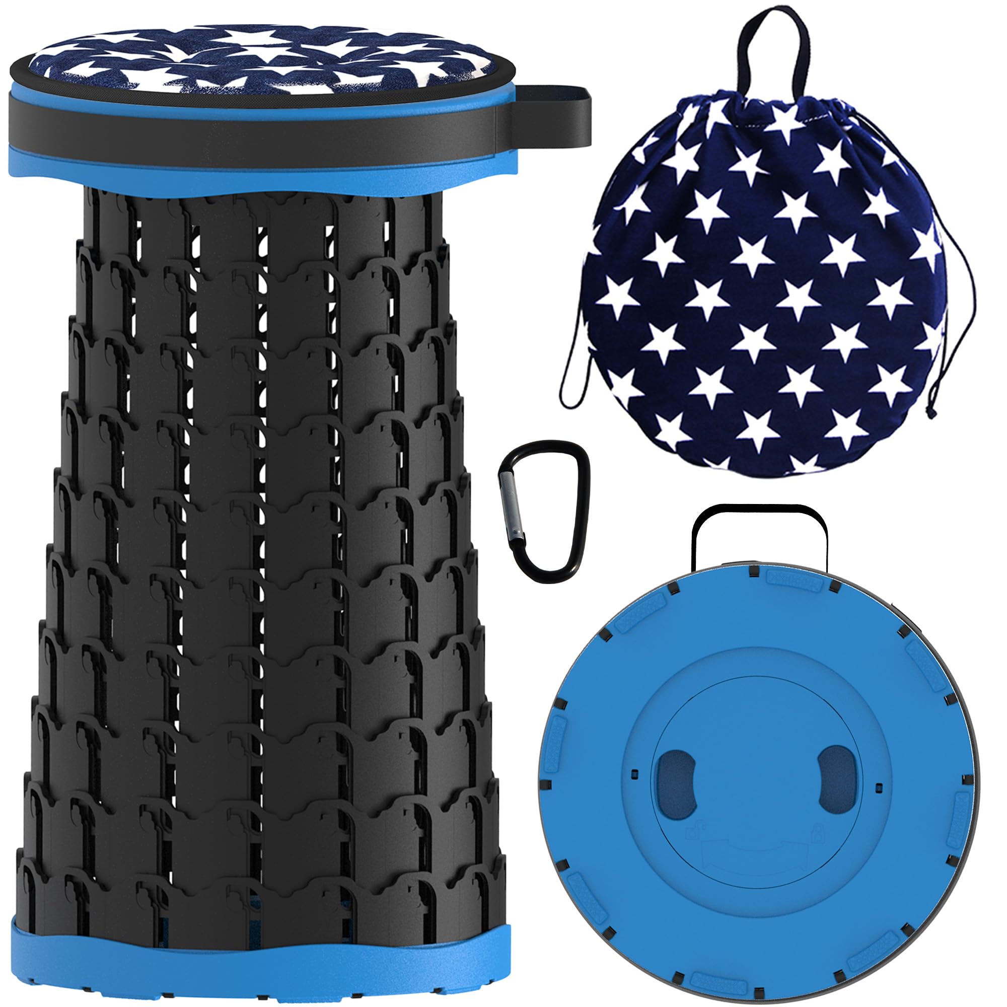 ALEVMOOM Portable Telescopic Folding Stool, Collapsible Stool with Cushion Max Load 440lbs, Lightweight Retractable Adjustable Seat Folding Chair for Camping, Fishing, Hiking, Travel