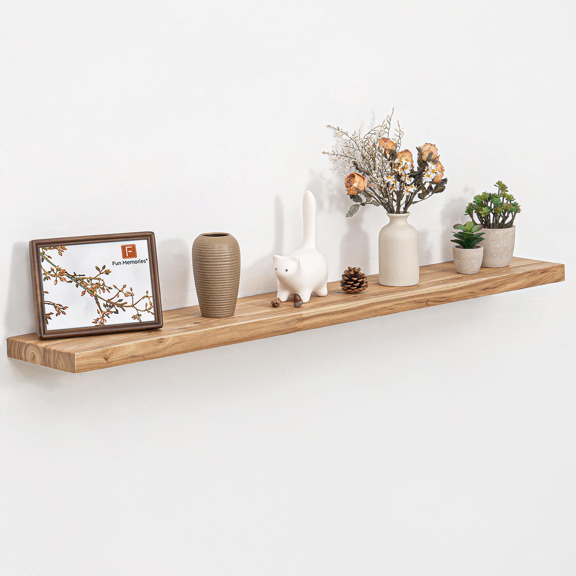 Photo 1 of **MISSING HARDWARE** Fun Memories 48" Floating Shelves for Wall, Rustic Solid Elm Wood Floating Shelves - Invisible Bracket Mount, Extra Long Wall Mounted Shelf for Living Room, Bathroom, Bedroom, Kitchen, Natural