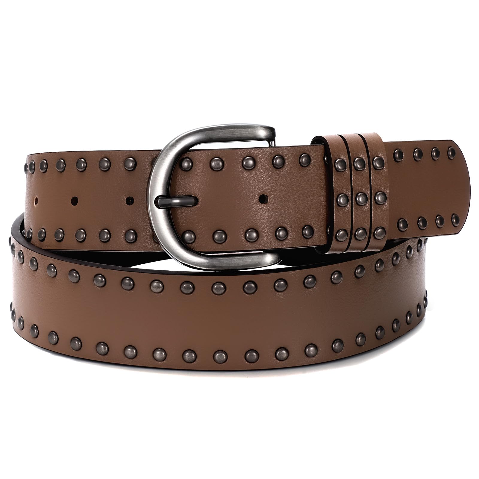 Photo 1 of SUOSDEY Women Leather Rivets Belts for Jeans Pants Dresses Studded Leather Belts with Silver Buckle