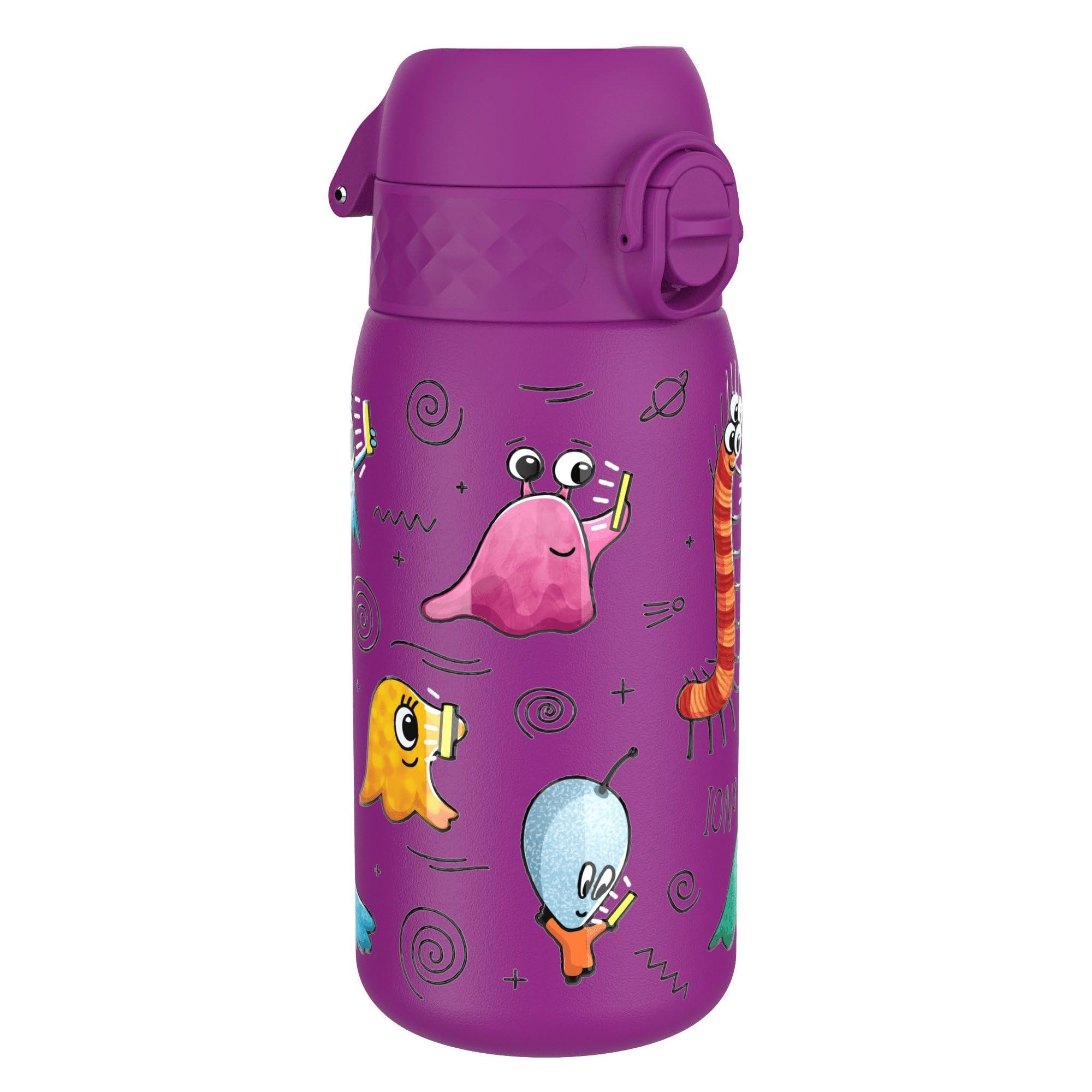 Ion8 Lightweight Steel Kids Water Bottle, 400ml/13oz, Non-Insulated, Leak Proof, Easy to Open, Secure Lock, Dishwasher Safe, Fits Cup Holders, Carry Handle, Metal Water Bottle, Purple, Aliens