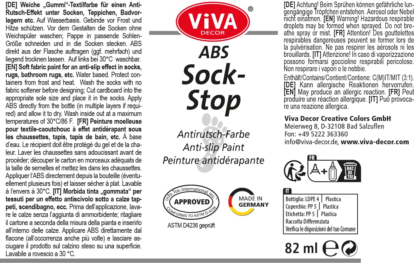 Viva Decor ABS Sock Stop (2.77 Fl oz, Transparent) - Fabric Paint for Non-Slip Socks, Bath Mats & More - Latex-Free, Water-Based, Washable - Secure Traction for All Surfaces