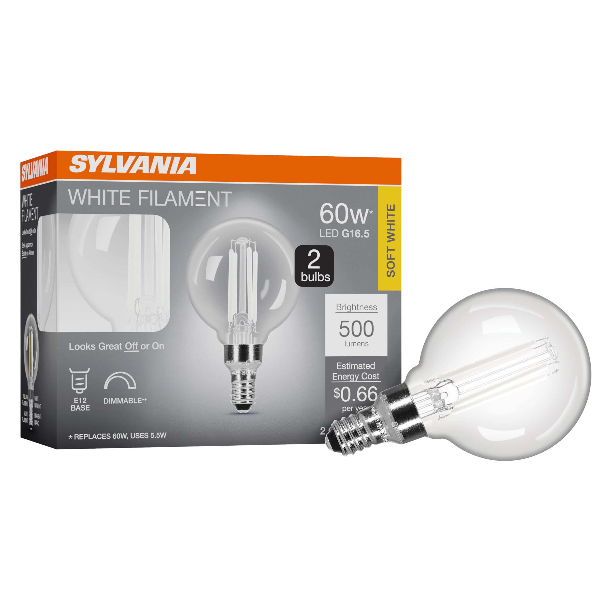 Photo 1 of Sylvania G16.5 Clear Globe LED White Filament Bulb, 5.5W, Dimmable, 500 LMS, Candelabra Base, 2700K, Soft White - 2 Pack (42245)