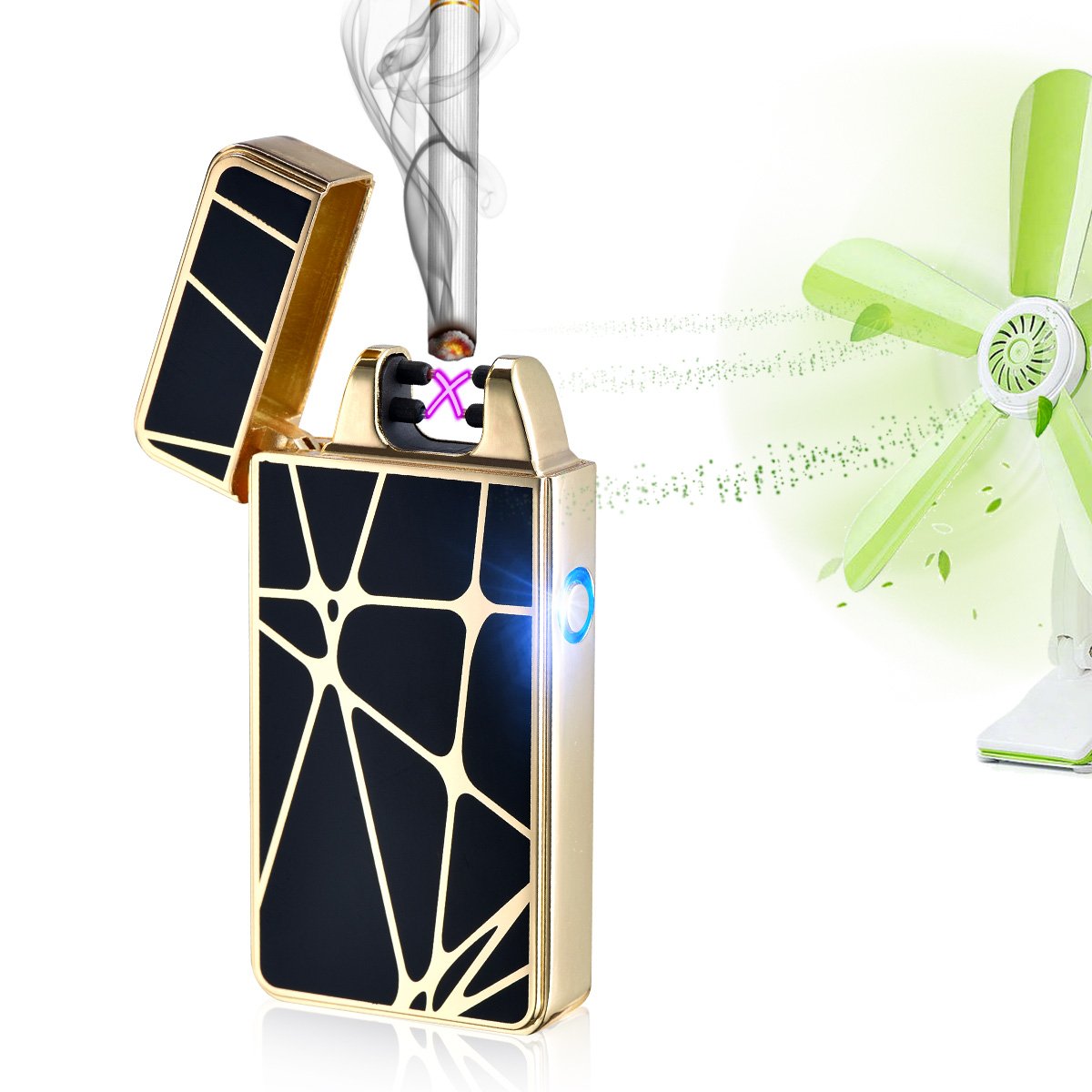 Accendino Arc elettrico antivento, ricaricabile con USB, senza fiamma, accendino per sigarette ricaricabile, ottimo regalo, senza gas, High-Gold